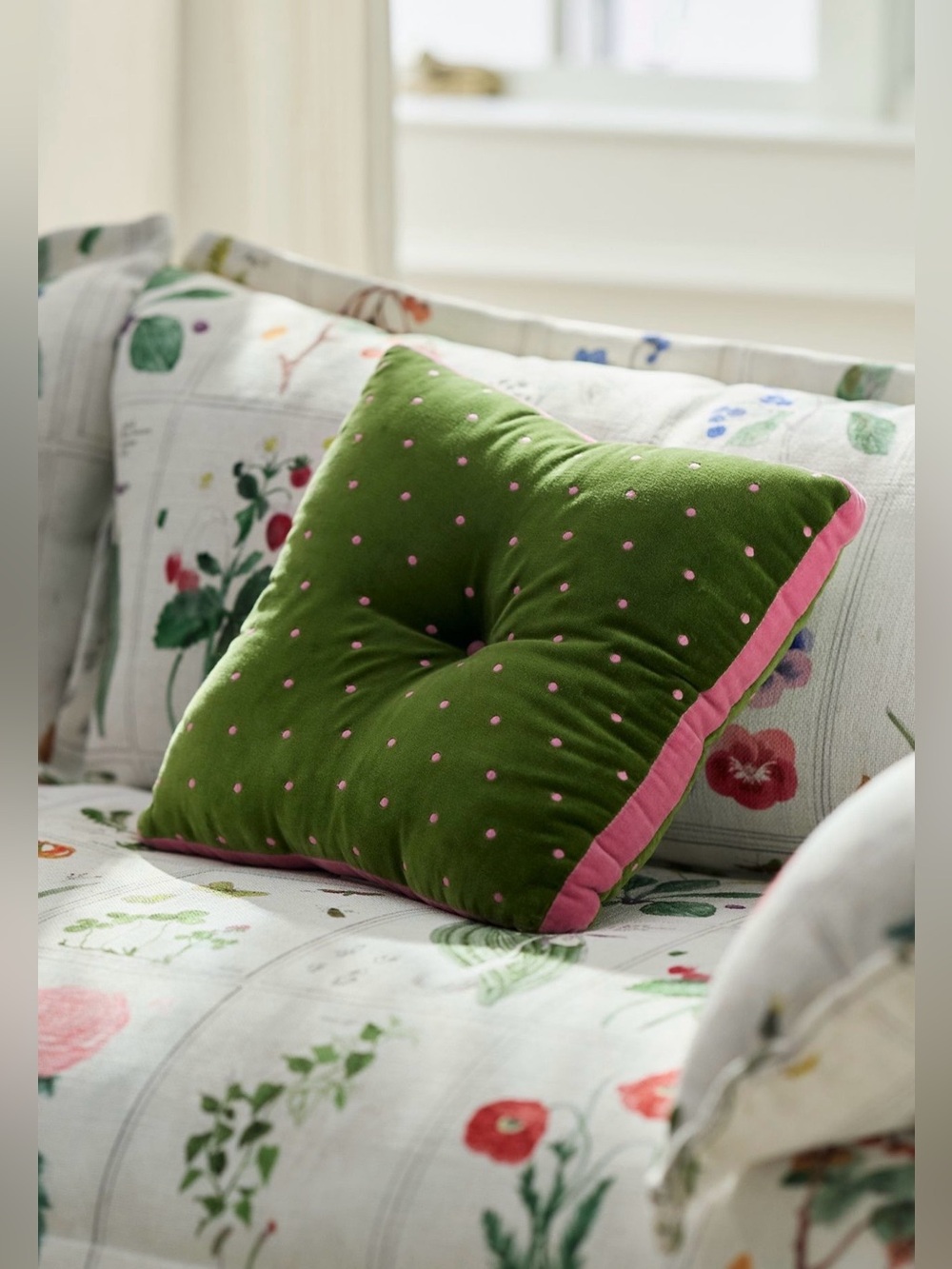 Trova Velvet Polka Dot Pillow, Moss